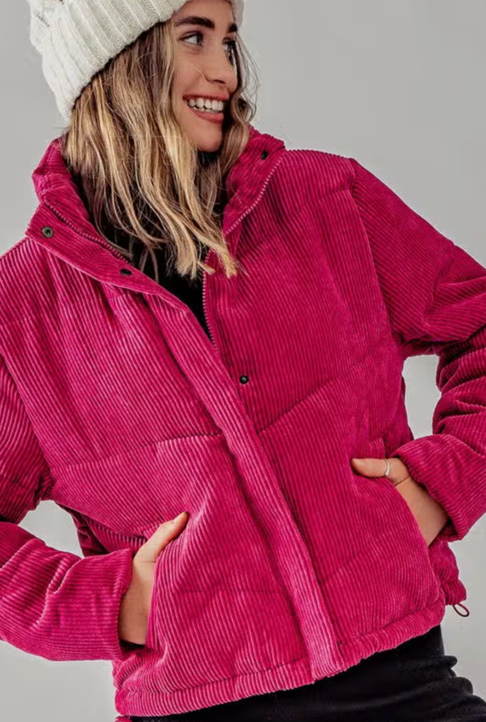 pink corduroy puffer jacket