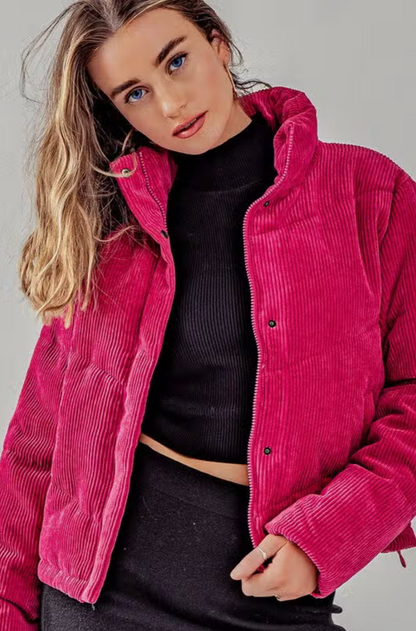 pink corduroy puffer jacket