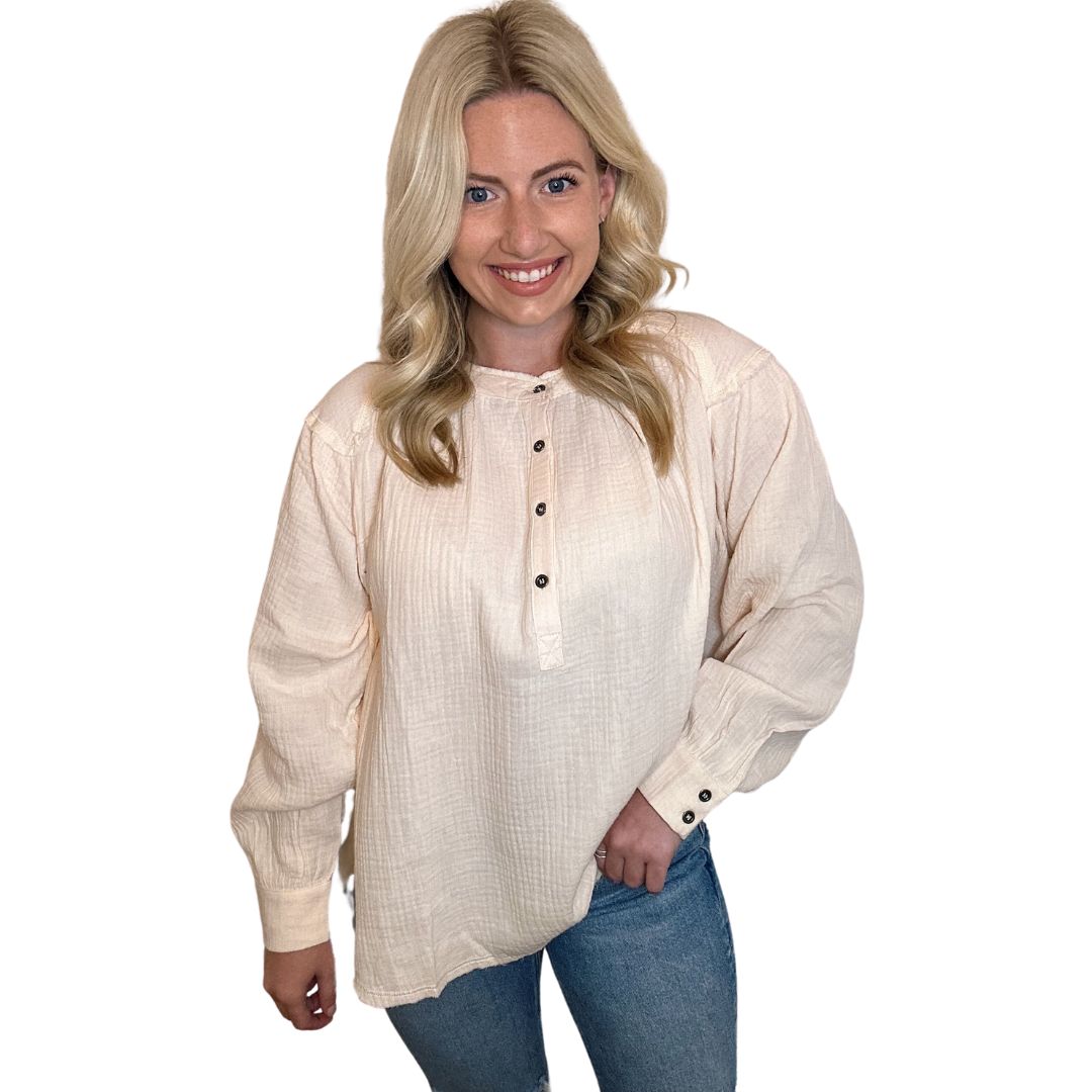cream linen button blouse