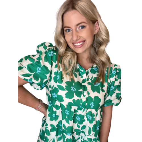green flower puff sleeve dress