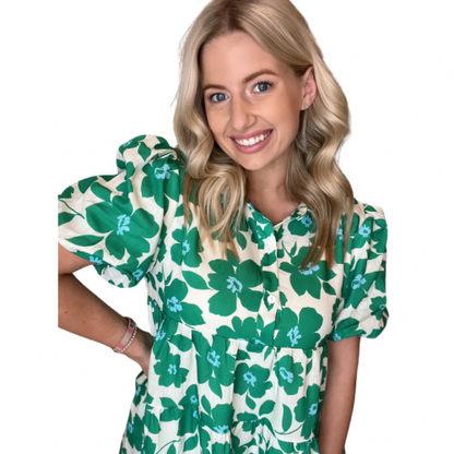 green flower puff sleeve dress